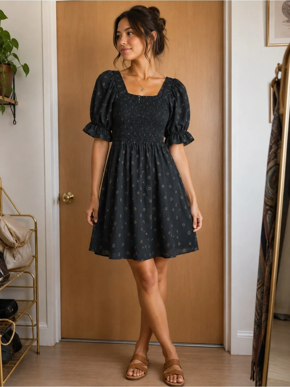 J. Crew Black Smocked Puff Sleeve Mini Dress Size-Small French Country